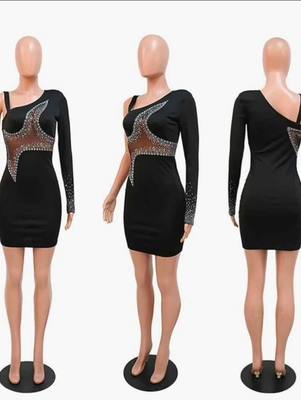 Amazon Black One-Shoulder Rhinestone Mesh Cocktail Dress